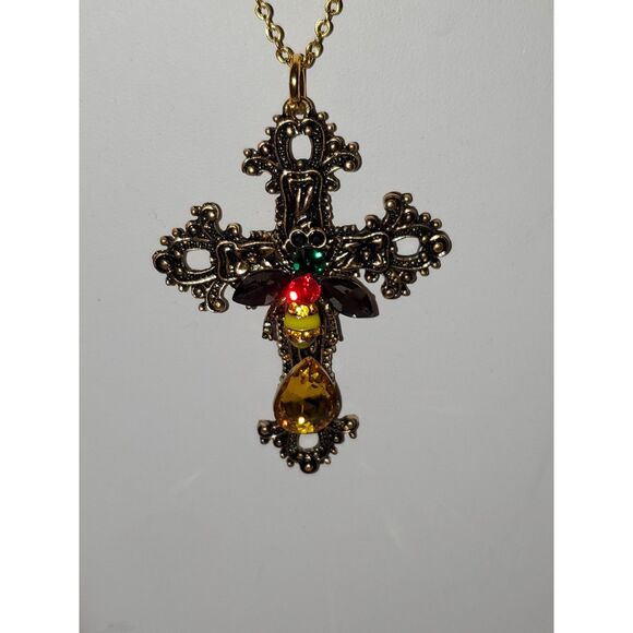Artisan Filigree Cross Religious Gothic Steampunk Glass Bee Rhinestone Statement - Picture 8 of 10